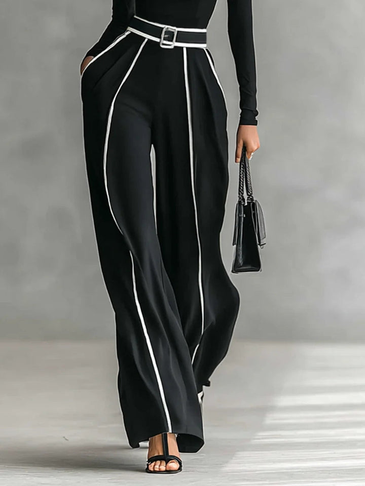 High-Neck Top & Wide-Leg Pants Set with Belt