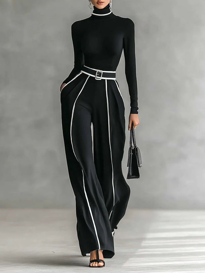 High-Neck Top & Wide-Leg Pants Set with Belt