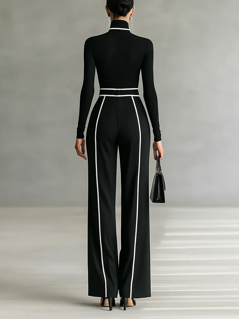 High-Neck Top & Wide-Leg Pants Set with Belt