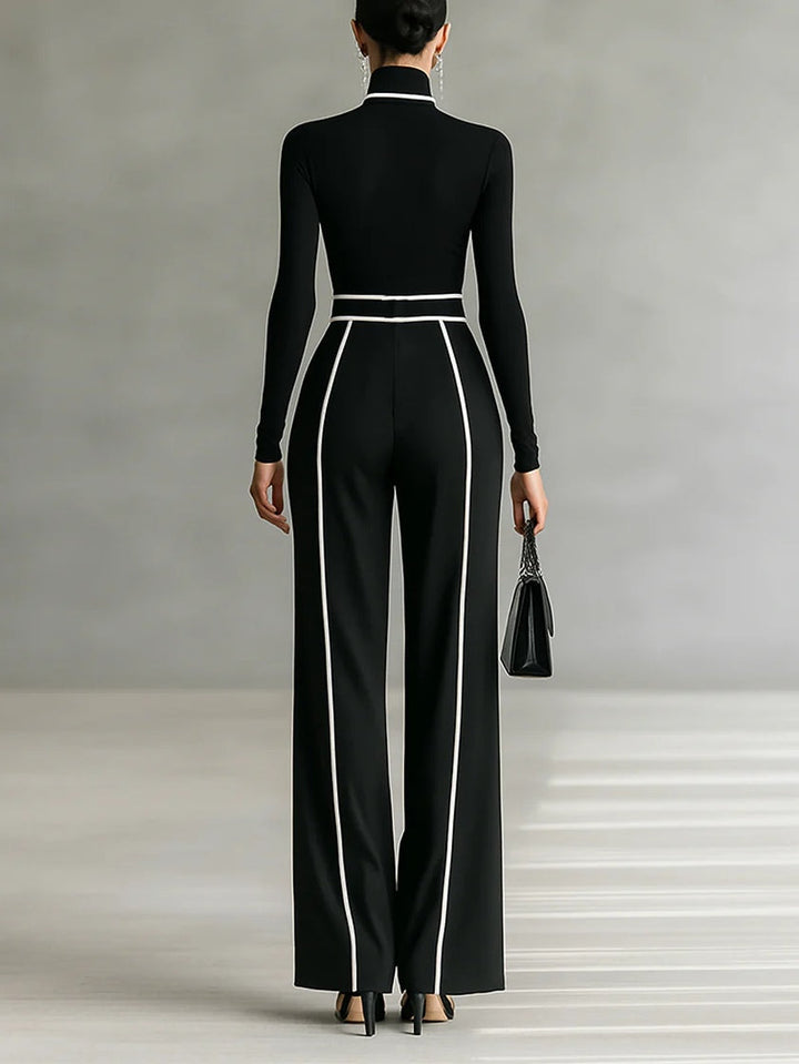High-Neck Top & Wide-Leg Pants Set with Belt