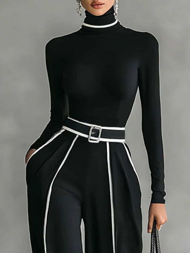 High-Neck Top & Wide-Leg Pants Set with Belt