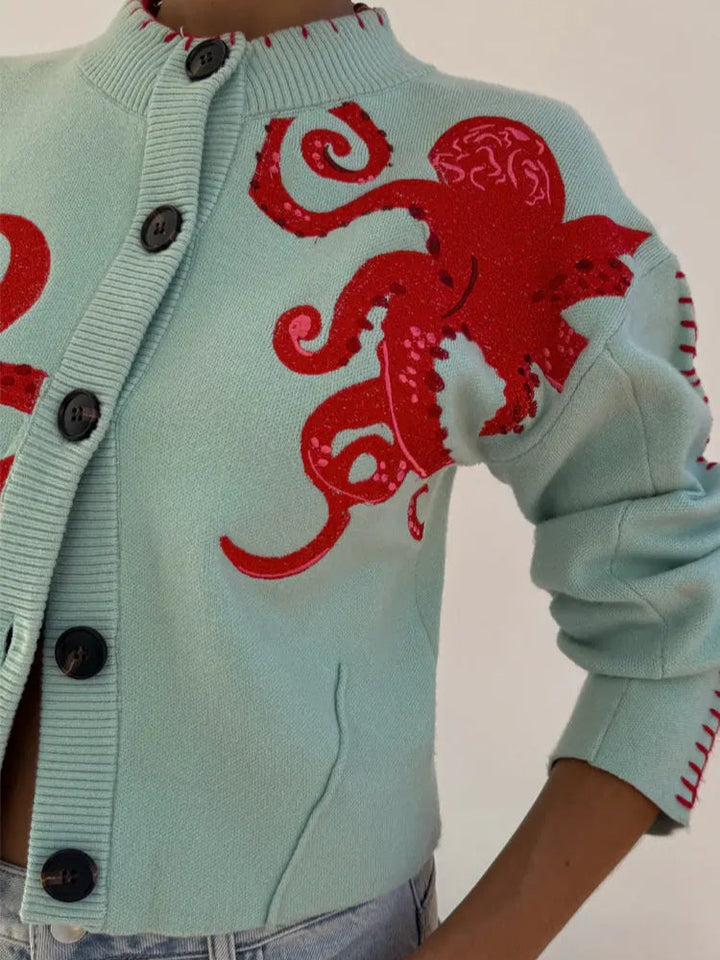 Stylish women's octopus graphic cardigan in light green, perfect for casual layering in autumn.