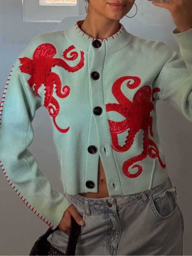 Button-front women's cardigan in light green, with a charming octopus graphic for autumn wear.