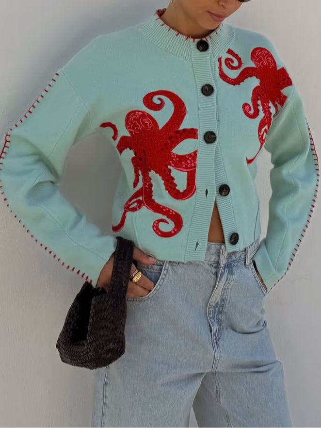 Casual light green octopus graphic cardigan for women, a perfect layering piece for autumn.