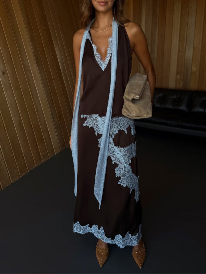 Sophisticated women's brown lace top and skirt set, an elegant two-piece for versatile fashion and feminine style.