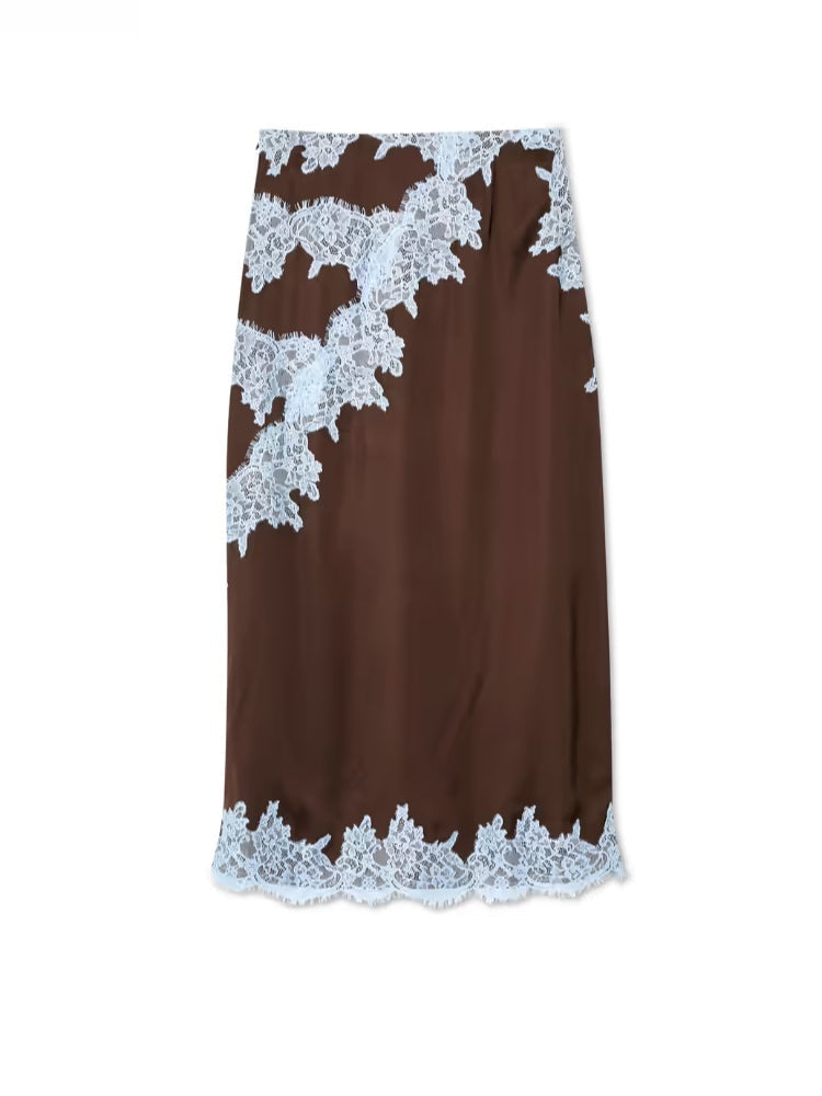 Women's elegant brown lace top & skirt two-piece set. Sophisticated, versatile feminine fashion.