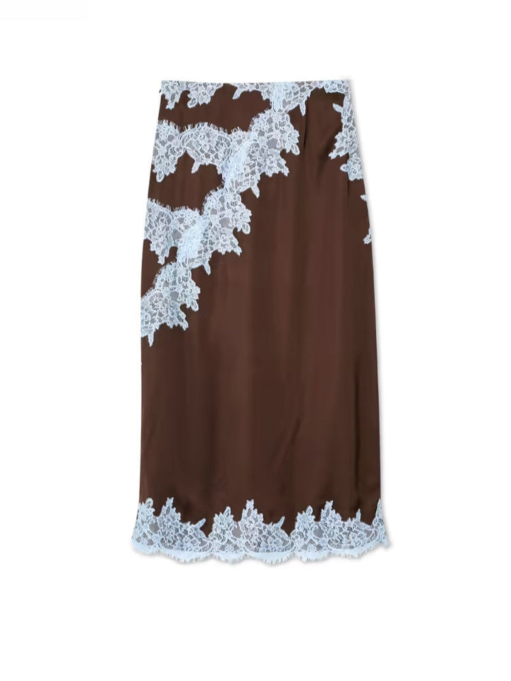 Women's elegant brown lace top & skirt two-piece set. Sophisticated, versatile feminine fashion.
