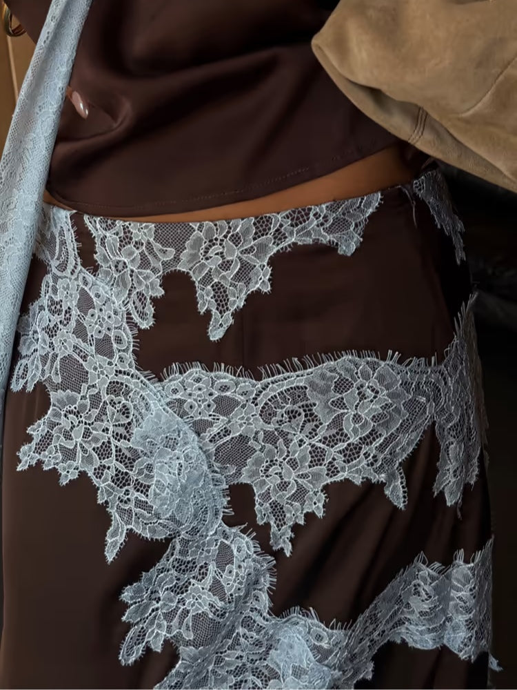 Women's elegant brown top & skirt set with intricate lace panel details, a sophisticated two-piece outfit.