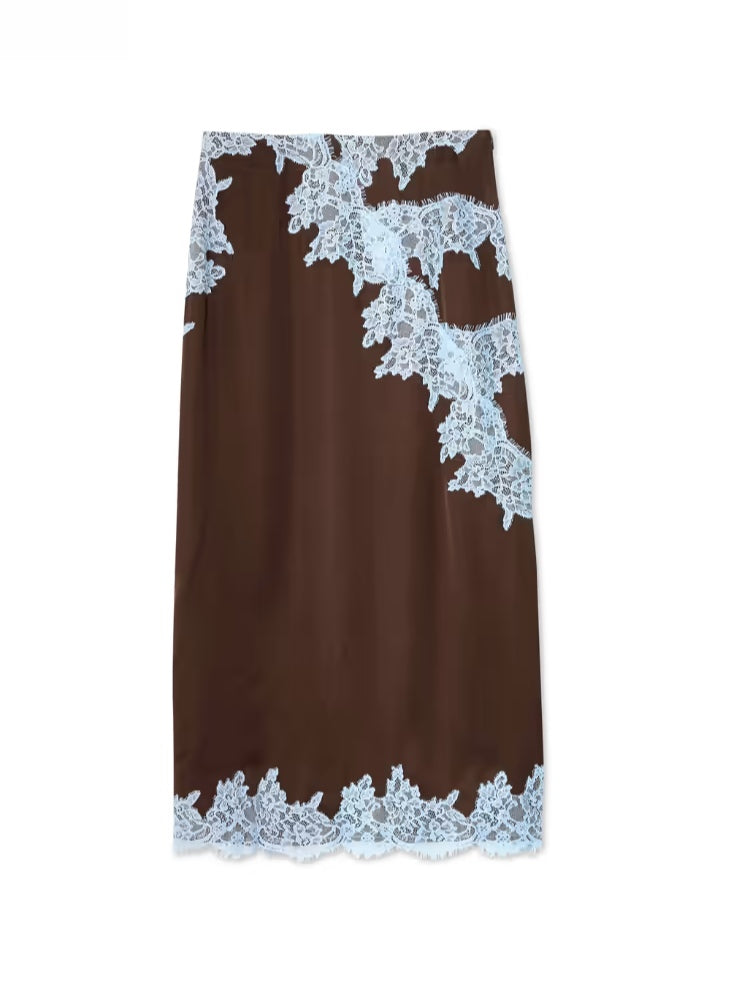 Brown women's elegant lace top and skirt set, ideal for formal wear, casual chic, or a feminine coordinated outfit.