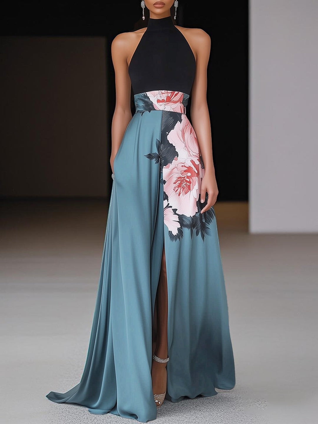 Floral Crew Neck Sleeveless Maxi Dress