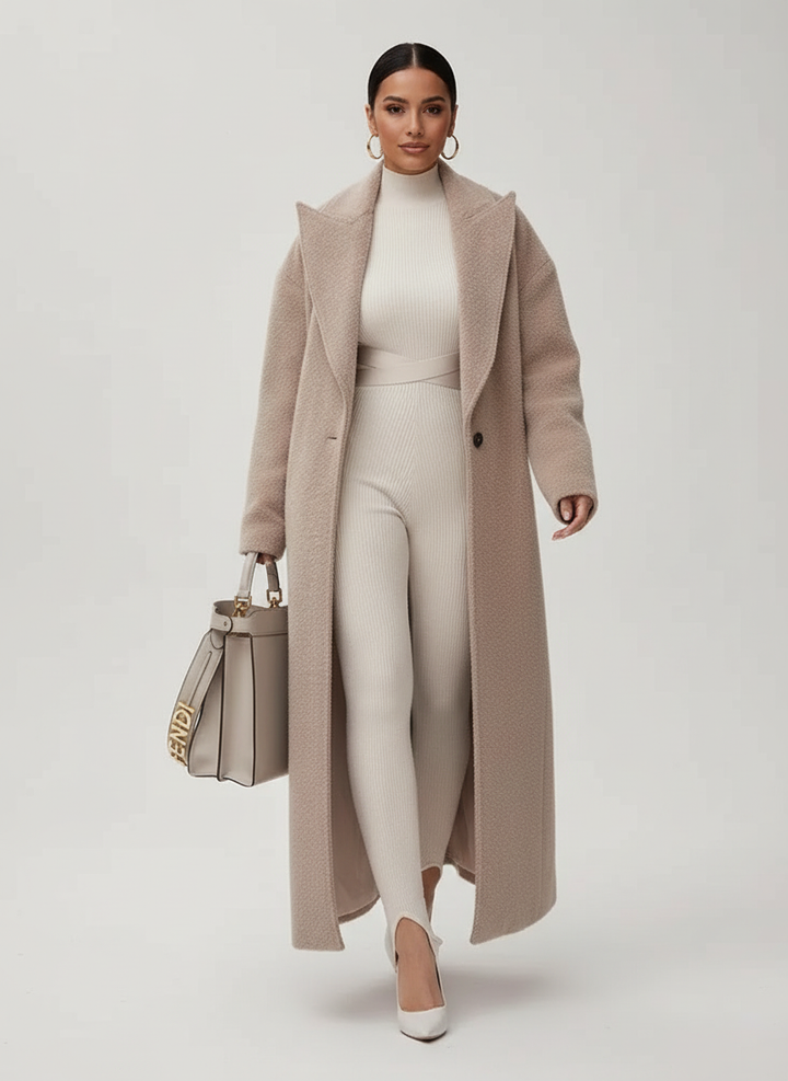 Stylish women's oversized winter coat. Elegant long outerwear, perfect for layering & keeping cozy in cold weather.
