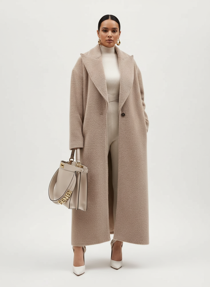 Relaxed fit women's long coat, an essential autumn fashion piece. Oversized design, ideal for chic layering.