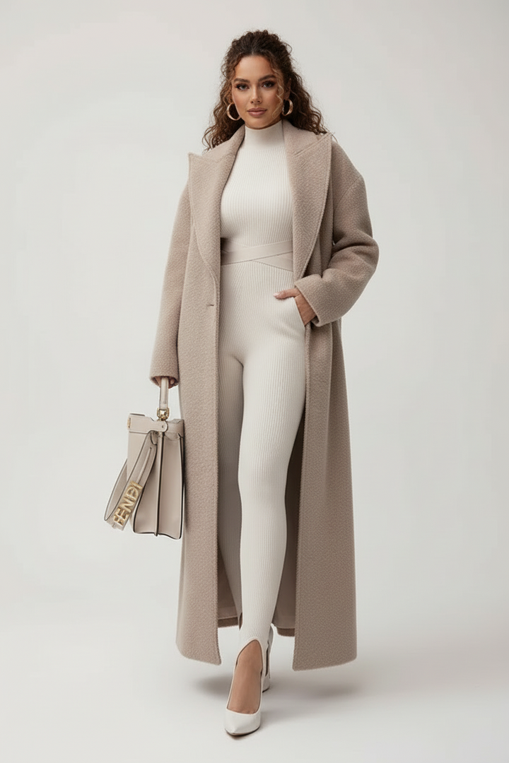 Chic oversized long coat for women. Perfect layering piece for autumn & winter fashion. Relaxed fit, cozy outerwear.