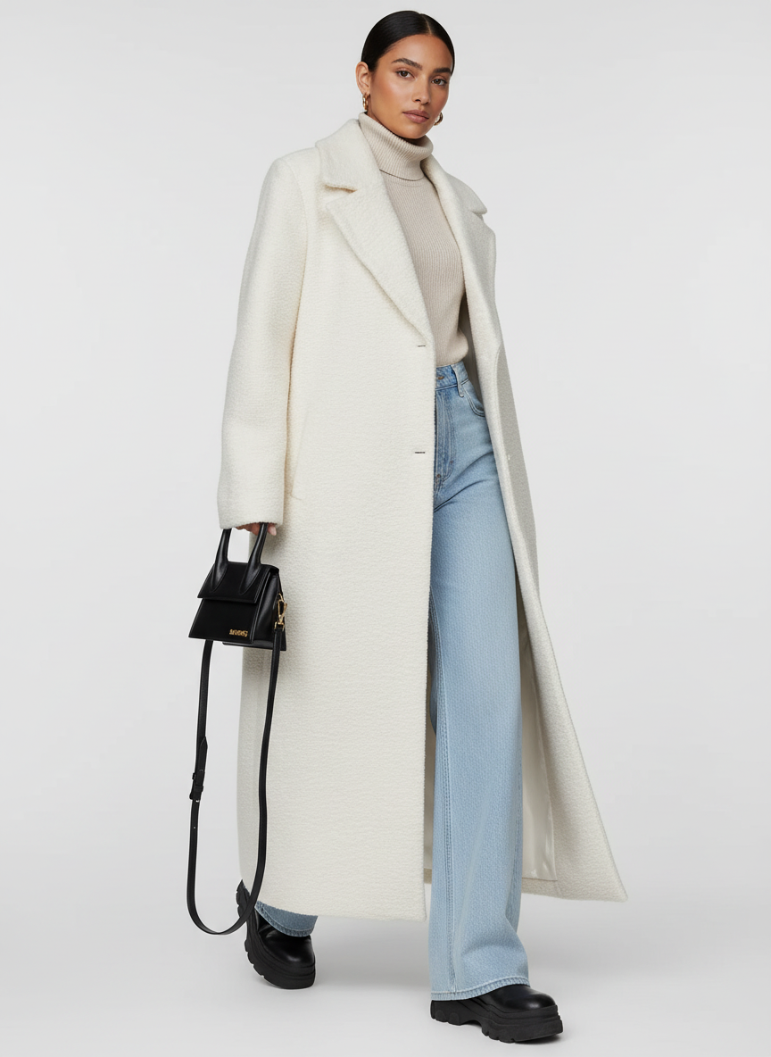 Fashionable women's long coat, oversized & chic. A perfect layering jacket for cooler autumn and winter days.