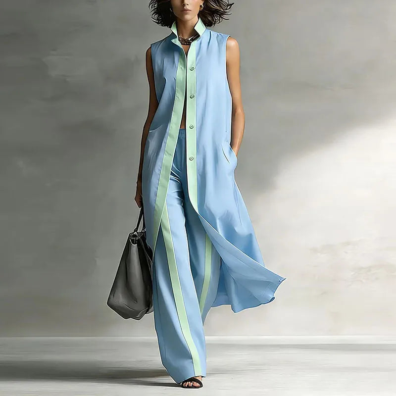 Comfortable women's co-ord set featuring a breezy sleeveless top & relaxed wide-leg pants for stylish resort wear.