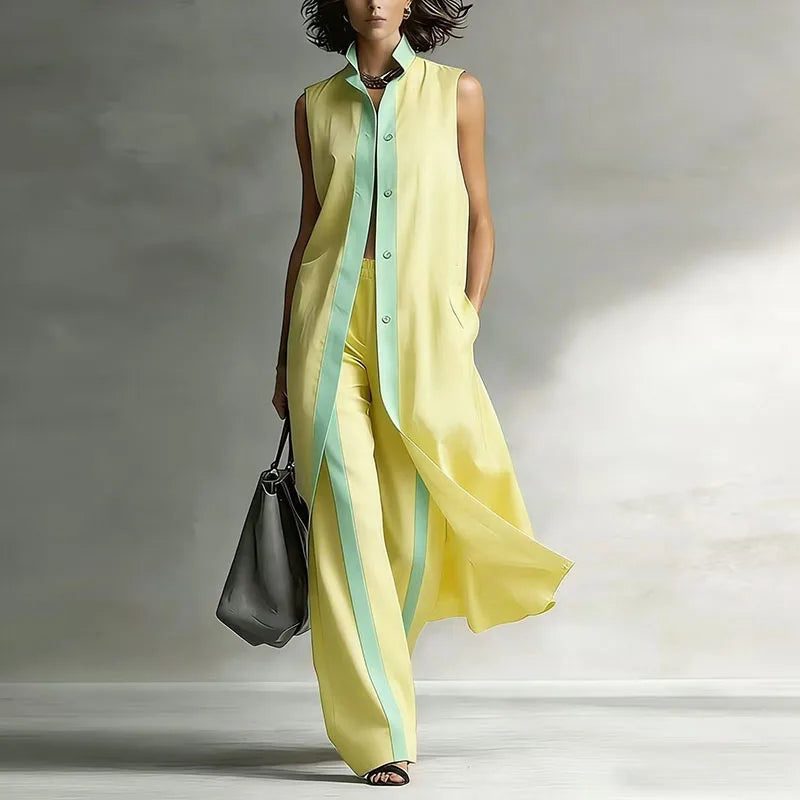 Stylish women's co-ord set with a sleeveless top & flowy wide-leg pants. Versatile for casual or elegant spring outfits.