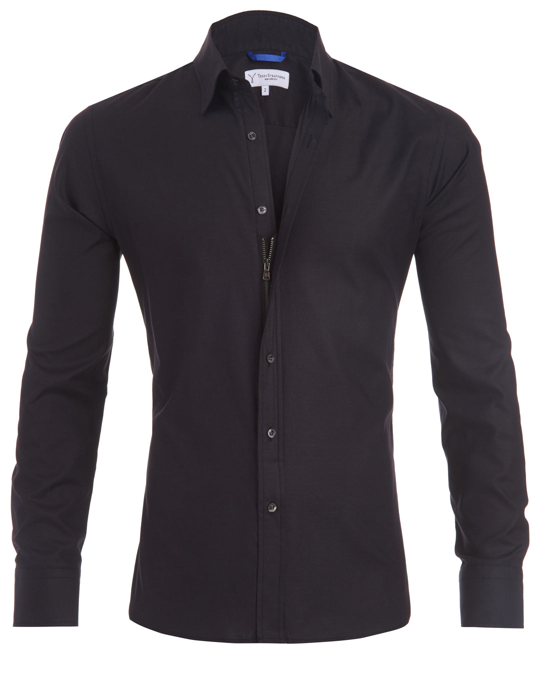 Close-up of the hidden zipper on a tailored men's zip fit shirt, emphasizing its modern design & sleek look.