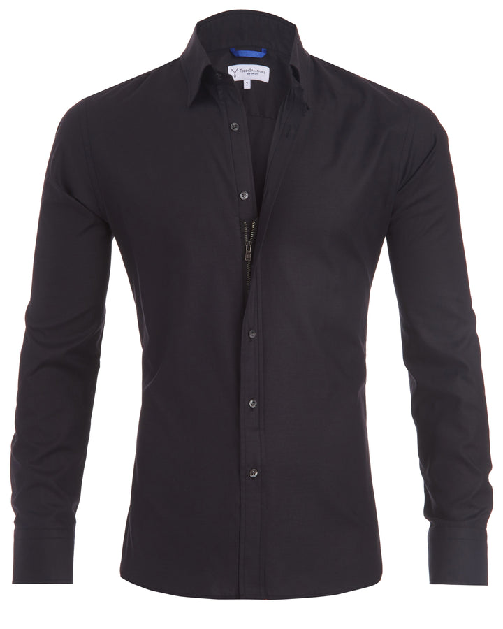 Close-up of the hidden zipper on a tailored men's zip fit shirt, emphasizing its modern design & sleek look.