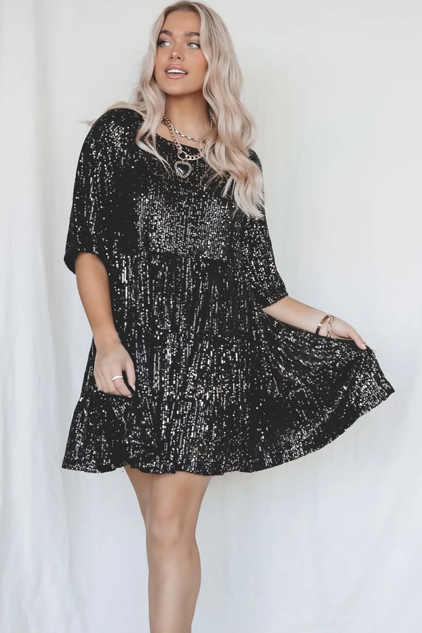 Women's ShimmerFlow sequin A-line dress, perfect for dazzling glamour & party wear.