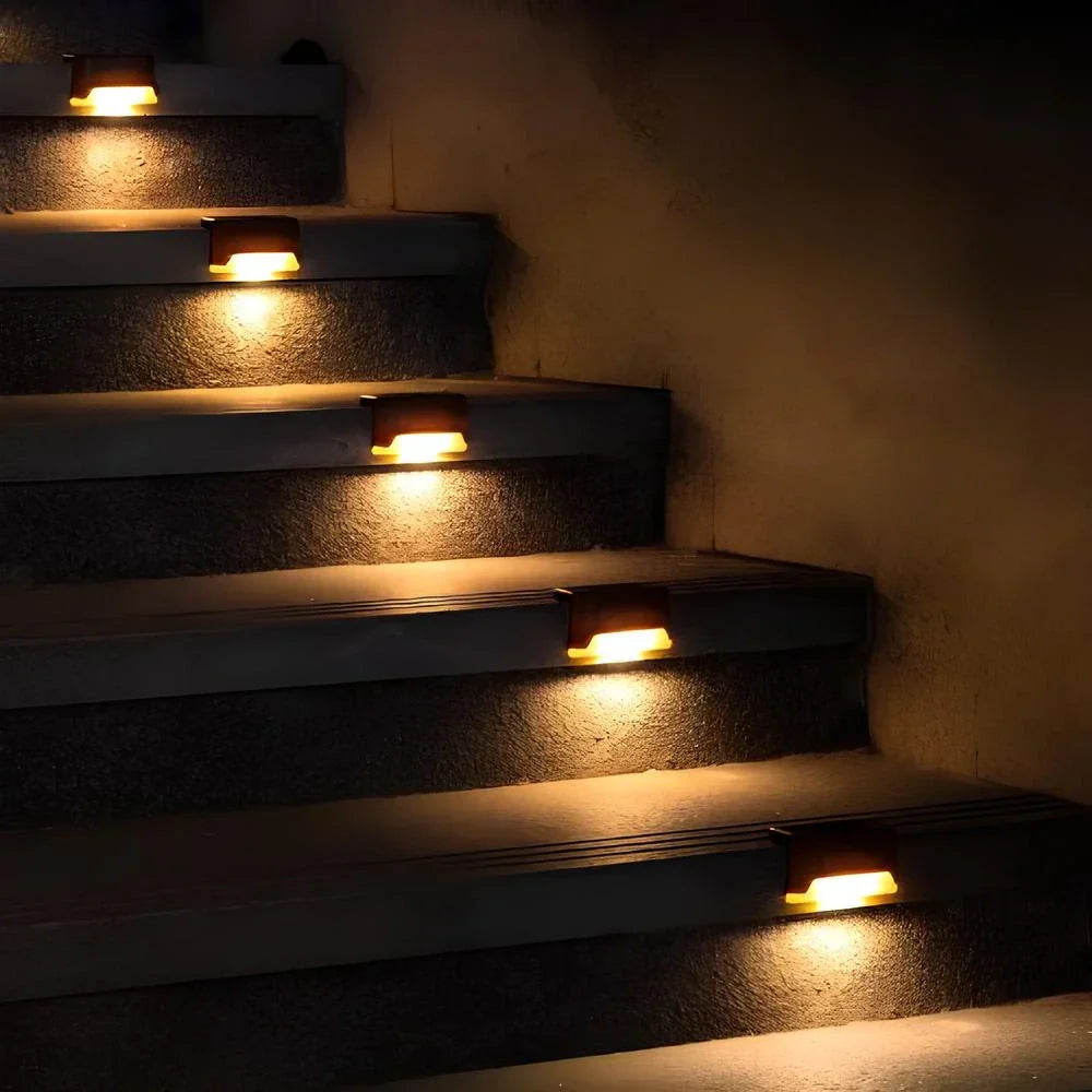 Easy install solar step lights, warm glow LED for outdoor steps.