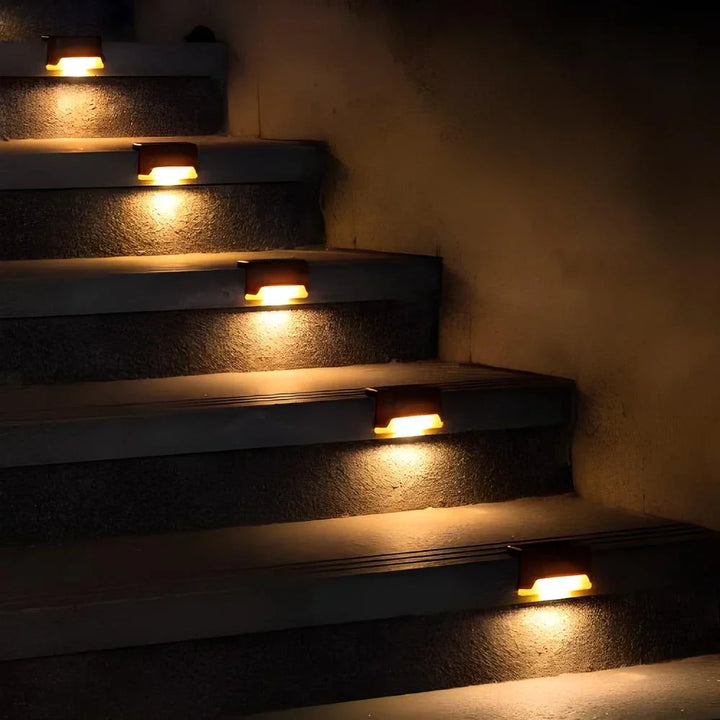 Easy install solar step lights, warm glow LED for outdoor steps.