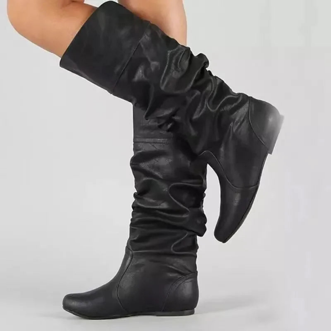 Chic women's mid-calf cowboy boots with intricate western stitching, pointed toe, and comfortable block heel.