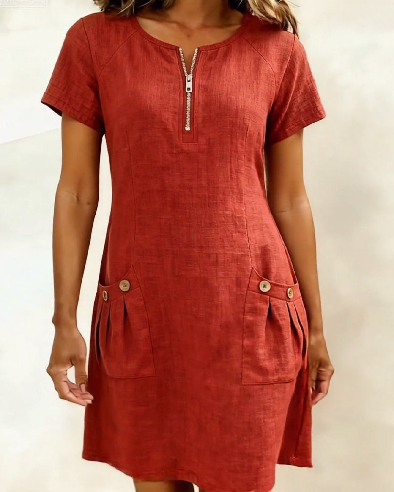 Women's Linen Zip Neck Mini Dress