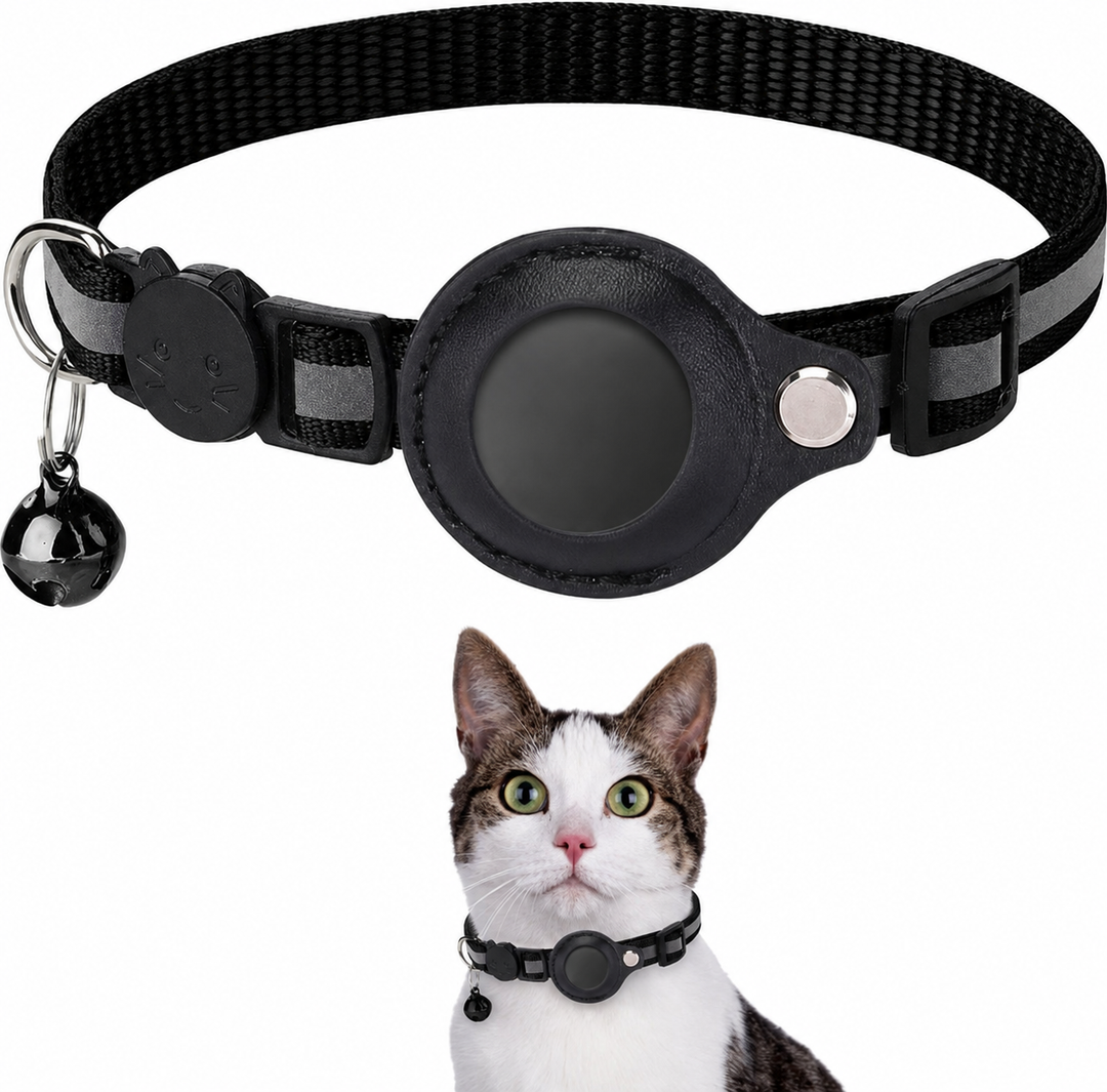 Reflective cat collar with secure GPS holder for pet safety and easy tracking.
