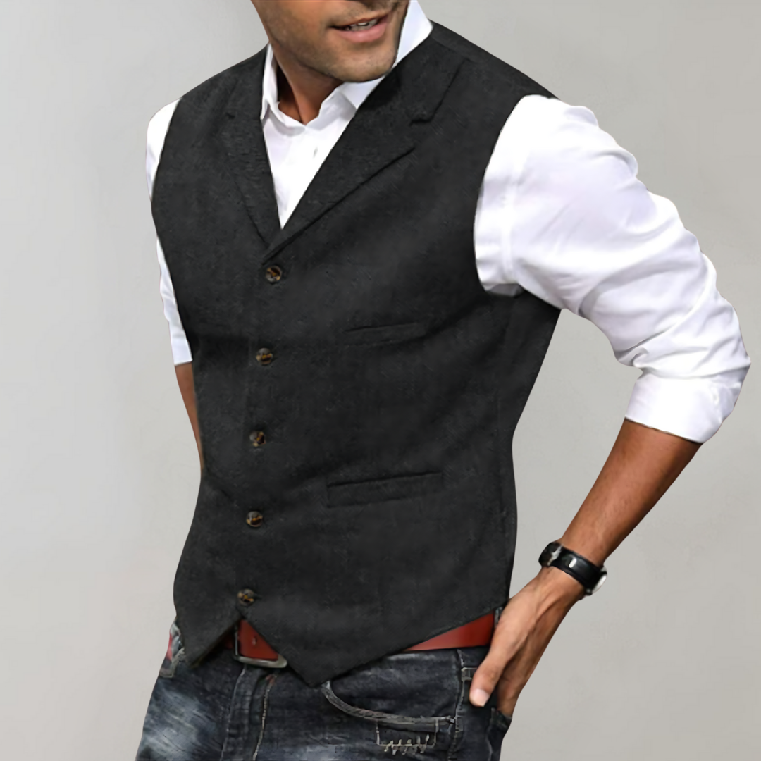 Elegant men's herringbone button vest. A tailored formal vest for sophisticated business attire.