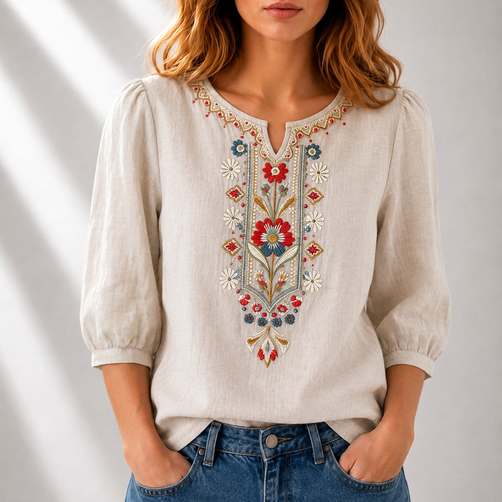 Boho women's blouse with delicate floral embroidery & split neck. Effortless chic for spring fashion.