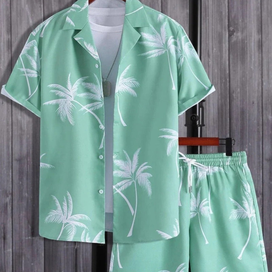 Fashionable men's two-piece tropical summer outfit, a complete resort wear set with printed shirt & shorts.