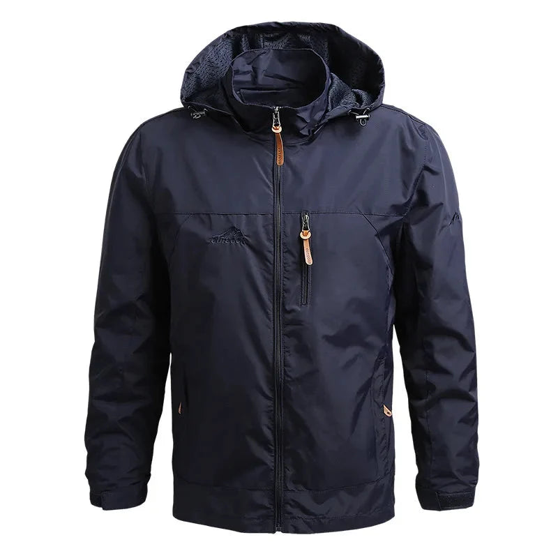 Modern men's lightweight waterproof windbreaker, ideal outerwear for travel, hiking, & everyday style.