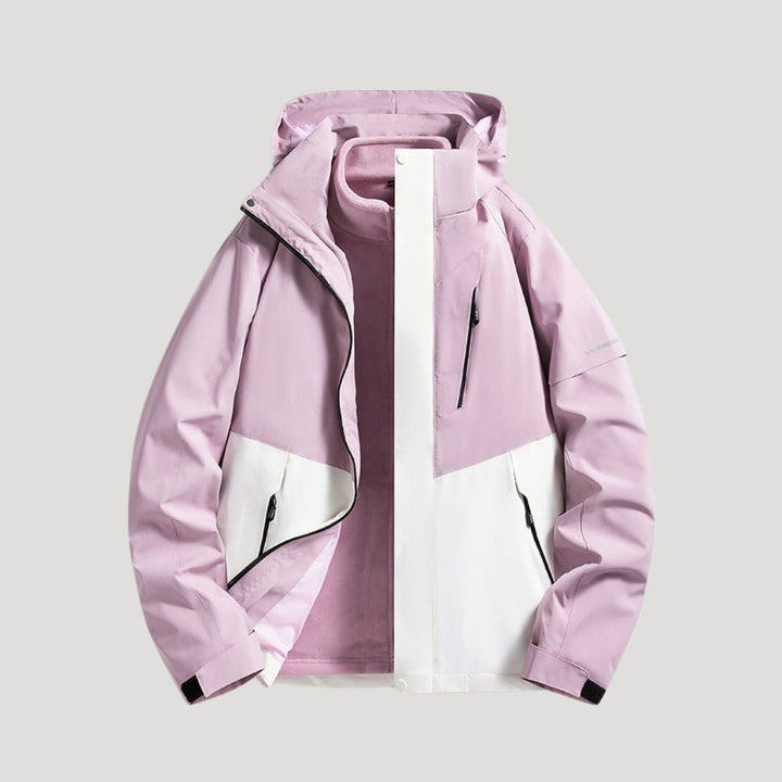 Unisex all-season waterproof hooded outdoor jacket with zip pockets. Comfortable rain coat for travel & adventure.