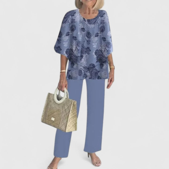 Women's versatile two-piece ensemble. Elegant top & trousers set, ideal for relaxed fit summer fashion.