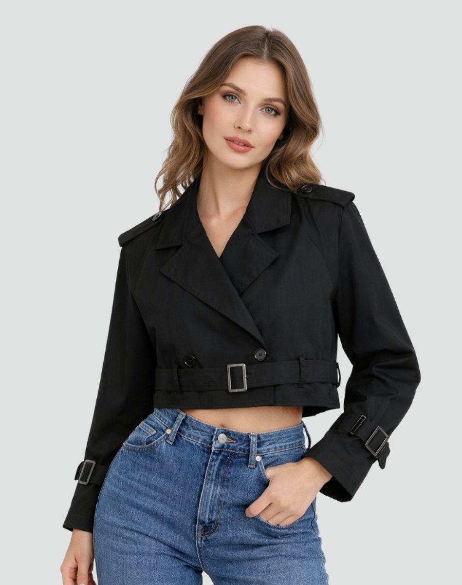 Modern women's cropped trench coat, double-breasted with belt. Tailored, chic spring/fall outerwear.