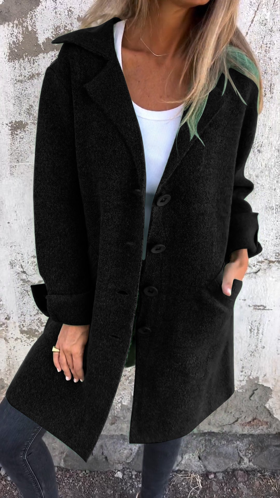 Side view of a women's elegant long button coat. Chic autumn outerwear, versatile for fall & winter style.