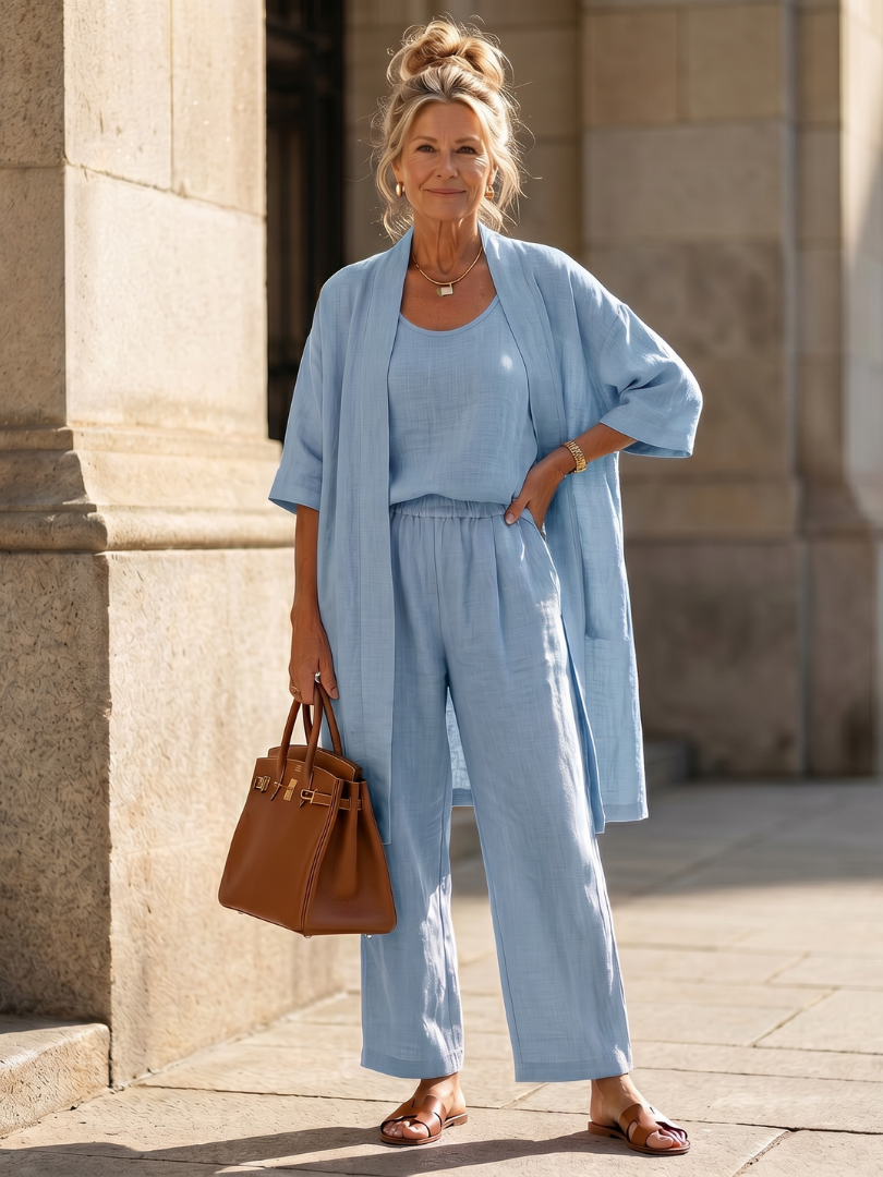 Elegant women's three-piece matching set; perfect casual wear with a relaxed fit and wide-leg silhouette.