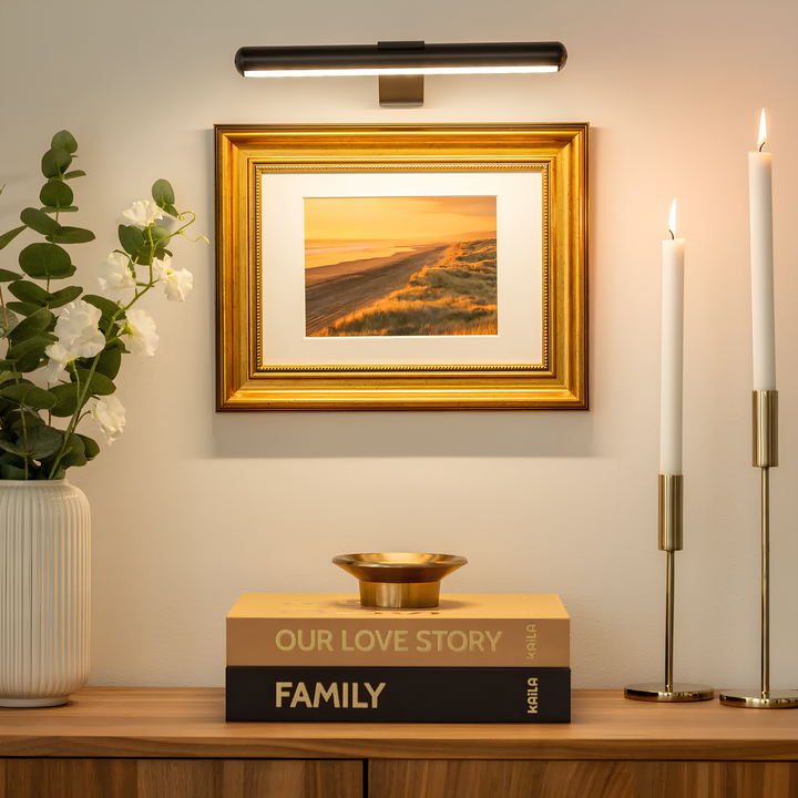 Rechargeable LED display light for art & shelves, offering portable, focused illumination.