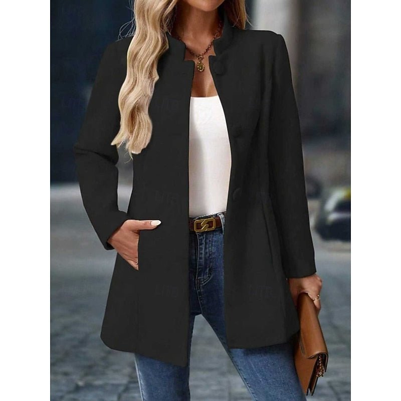 Stylish women's elegant trench coat, long-sleeve & stand-collar design for sophisticated fall looks.