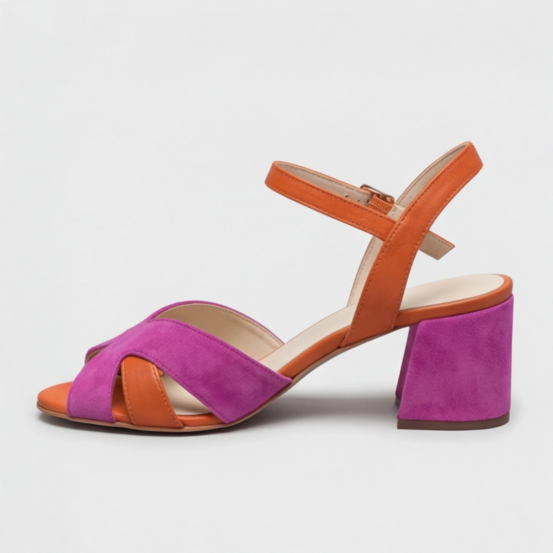 Modern color block chunky heels for women; orthopedic design, comfortable block heel, adjustable strap for style.