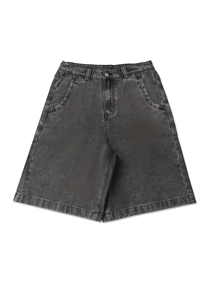 Knee-length men's denim shorts with elegant floral embroidery, perfect for summer casual wear.