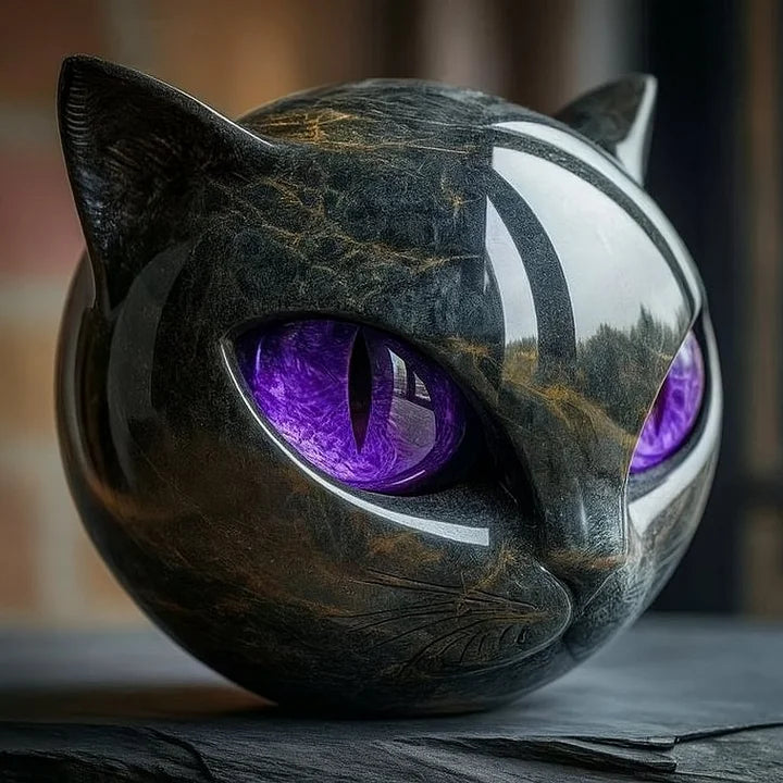 Sophisticated black cat head sculpture, an animal figure in resin with a glossy finish for elegant home decor.