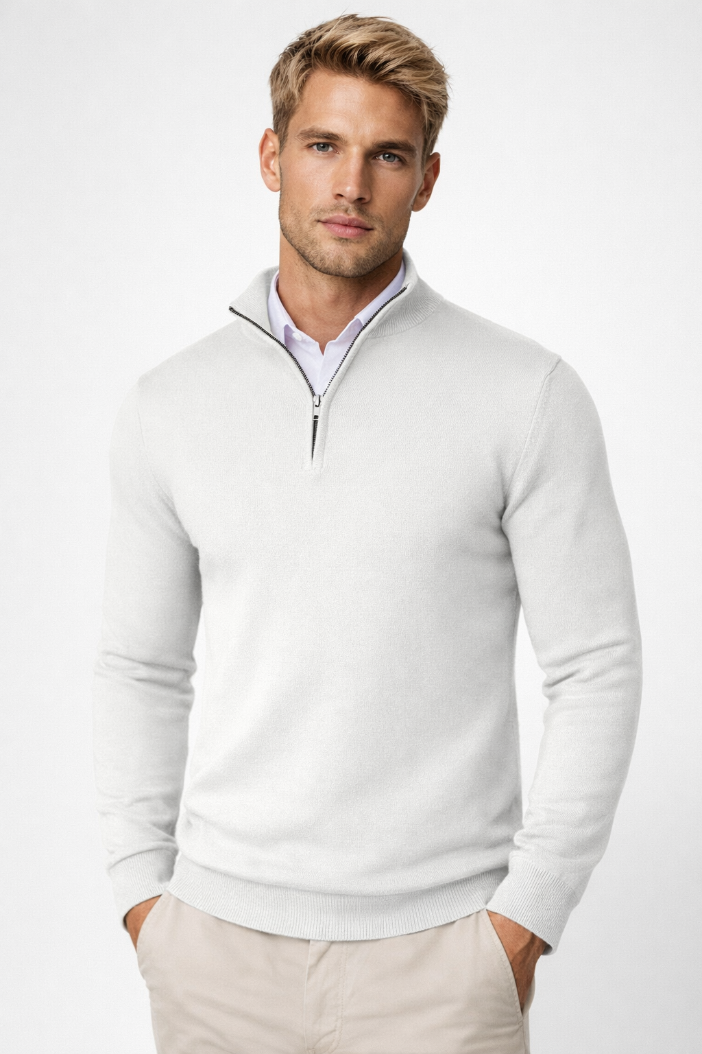 Comfortable men's modern half zip high neck sweater, ideal for casual wear, office, or smart-casual events.