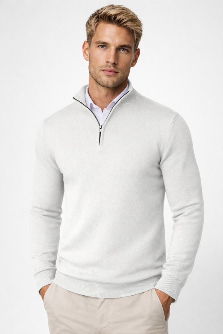 Comfortable men's modern half zip high neck sweater, ideal for casual wear, office, or smart-casual events.
