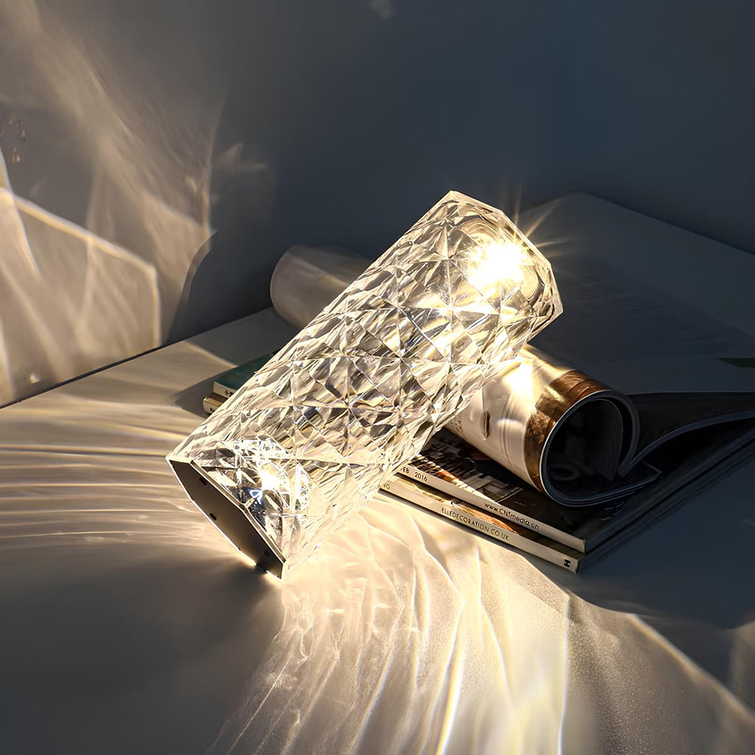 Modern elegant crystal accent lamp, touch control with remote, adds sophistication to home.