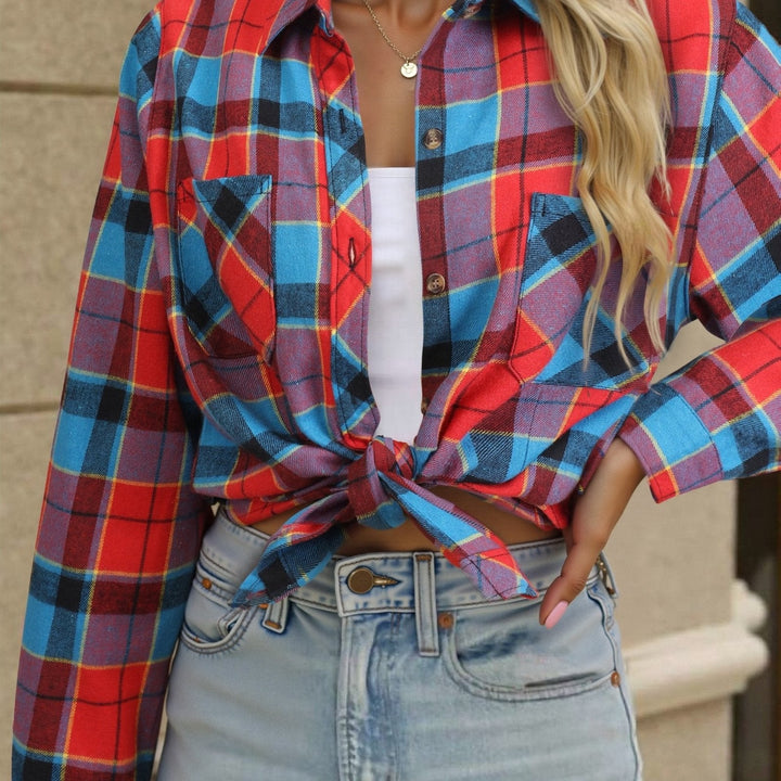 Relaxed fit women's plaid shirt with a bold buffalo check design, fall & winter staple.