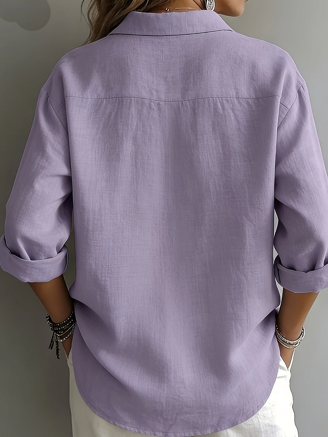Casual chic women's relaxed fit blouse. Comfortable collared shirt for everyday & transitional style.