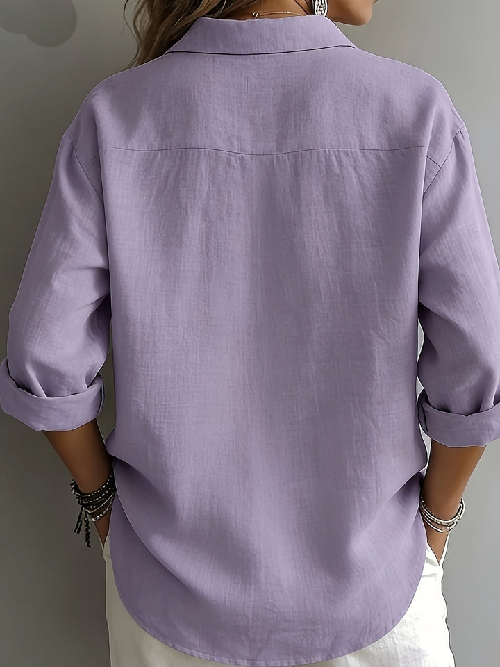 Casual chic women's relaxed fit blouse. Comfortable collared shirt for everyday & transitional style.