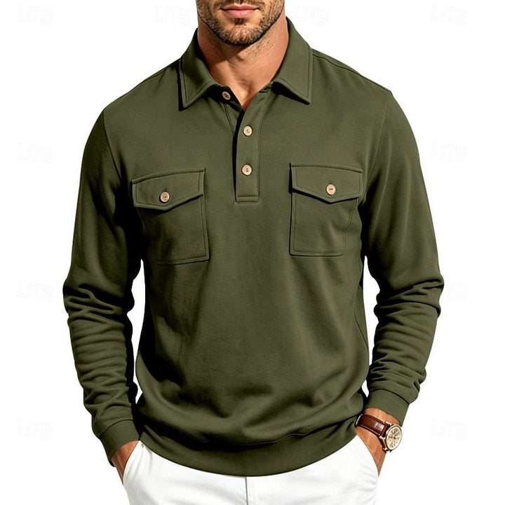 Refined fabric men's long-sleeve polo shirt with pocket, offering comfort & smart casual versatility.