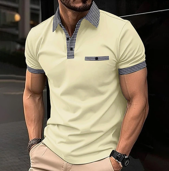 Detail shot of the checkered collar and button placket on a classic men's smart-casual versatile polo shirt.